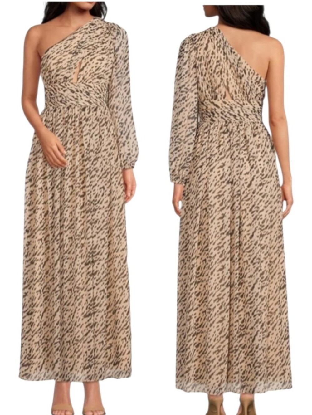 Gianni Bini Dalia Animal Print One Shoulder Maxi Dress Tan Black Chiffon Gown 8